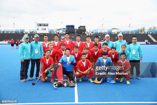 The China squad pose for a photo after the 7th/8th place match between Pakistan and China on day nine of the Hero Hockey World League Semi-Final at...