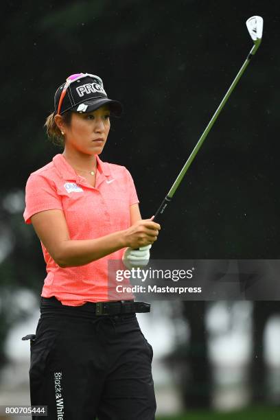 Asako Fujimoto of Japan looks on during the final round of the Earth Mondamin Cup at the Camellia Hills Country Club on June 25, 2017 in Sodegaura,...