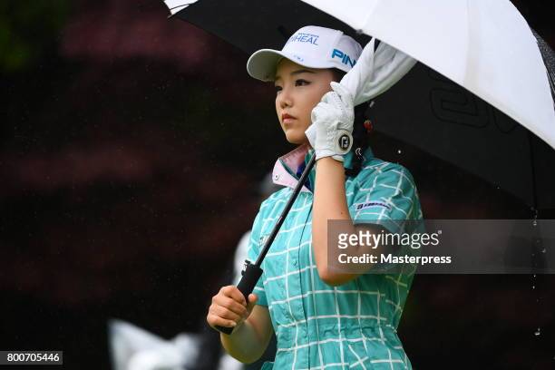 Yuting Seki of China looks on during the final round of the Earth Mondamin Cup at the Camellia Hills Country Club on June 25, 2017 in Sodegaura,...