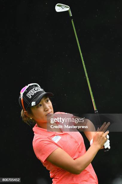 Asako Fujimoto of Japan looks on during the final round of the Earth Mondamin Cup at the Camellia Hills Country Club on June 25, 2017 in Sodegaura,...