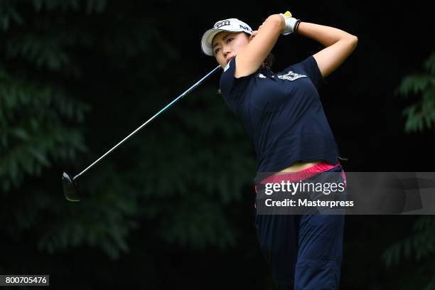 Erina Hara of Japan hits her tee shot on the 14th hole during the final round of the Earth Mondamin Cup at the Camellia Hills Country Club on June...