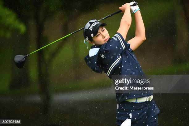 Ha-Neul Kim of South Korea hits her tee shot on the 5th hole during the final round of the Earth Mondamin Cup at the Camellia Hills Country Club on...