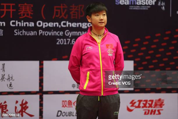 The runner-up Sun Yingsha of China attends the award ceremony after Women's single final match of 2017 ITTF World Tour China Open at Sichuan...