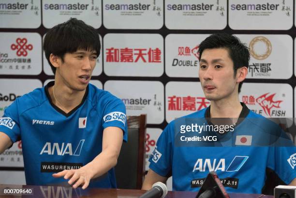 Maharu Yoshimura and Jin Ueda of Japan attend a press conference after beating Tomokazu Harimoto and Koki Niwa of Japan in Men's doubles final match...