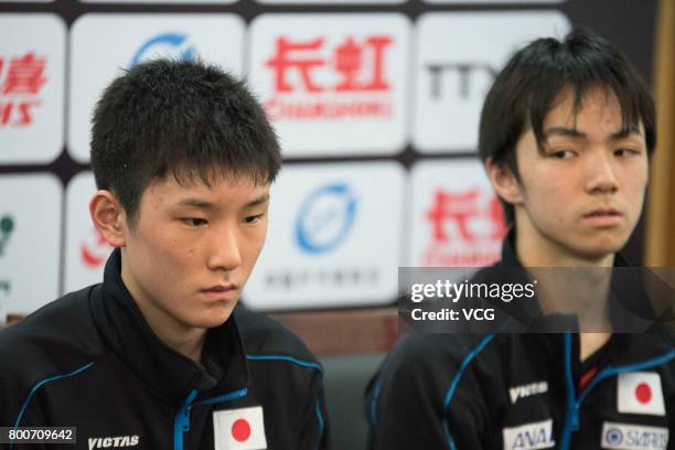 Tomokazu Harimoto and Koki Niwa of Japan attend a press conference after Men's doubles final match against Maharu Yoshimura and Jin Ueda of Japan...