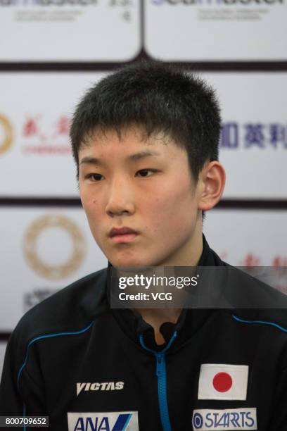 Tomokazu Harimoto of Japan attends a press conference after Men's doubles final match of 2017 ITTF World Tour China Open at Sichuan Provincial...