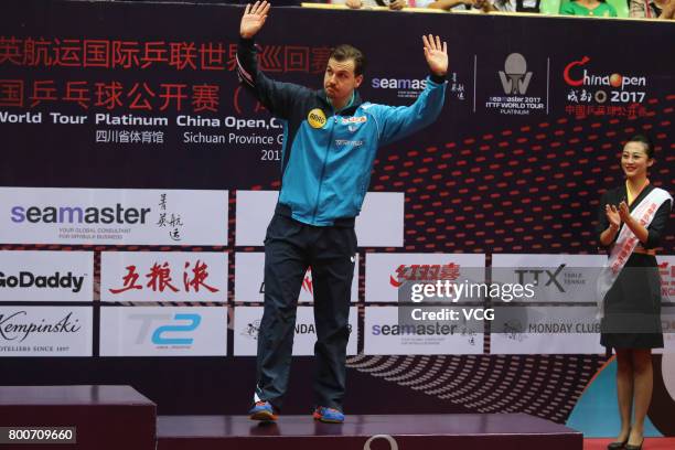 The runner-up Timo Boll of Germany attends the award ceremony after Men's single final match of 2017 ITTF World Tour China Open at Sichuan Provincial...