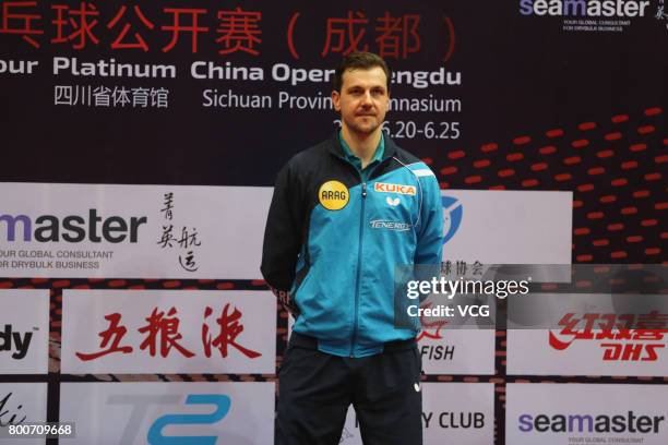 The runner-up Timo Boll of Germany attends the award ceremony after Men's single final match of 2017 ITTF World Tour China Open at Sichuan Provincial...