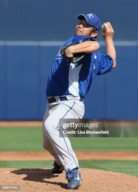 Hideo Nomo of the Kansas City Royals pitches during the game against the San Diego Padres at Peoria Sports Complex February 29, 2008 in Peoria,...