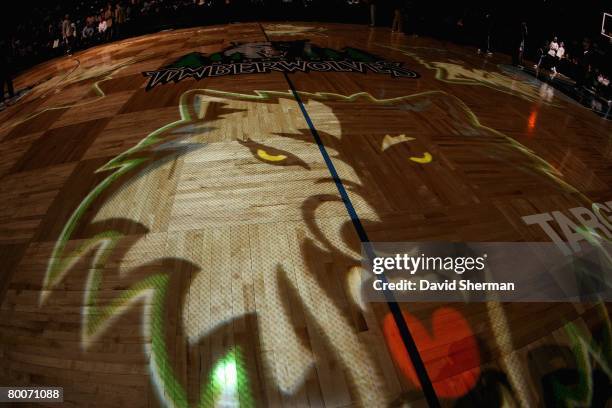 The Minnesota Timberwolves logo is displayed on the court prior to the game against the San Antonio Spurs on February 21, 2008 at the Target Center...