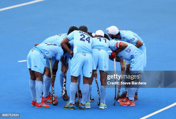 India team huddle during the 5th/6th place match between India and Canada on day nine of the Hero Hockey World League Semi-Final at Lee Valley Hockey...