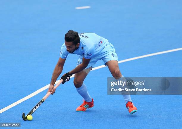 Harmanpreet Singh of India attempts a shot from a penalty cornersduring the 5th/6th place match between India and Canada on day nine of the Hero...