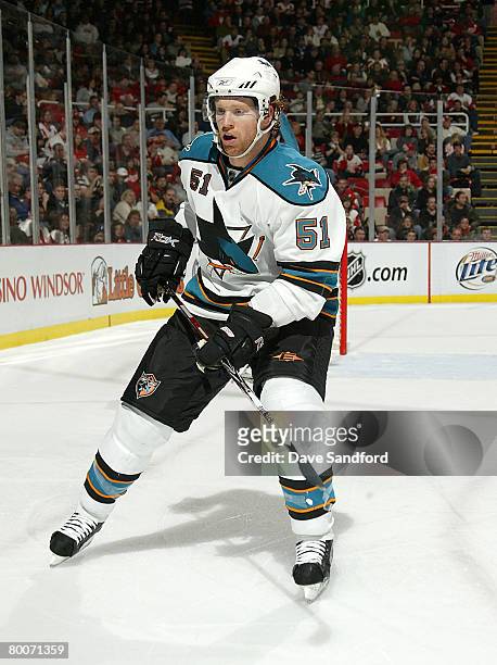 Brian Campbell of the San Jose Sharks skates against the Detroit Red Wings during their NHL game at Joe Louis Arena February 29, 2008 in Detroit,...