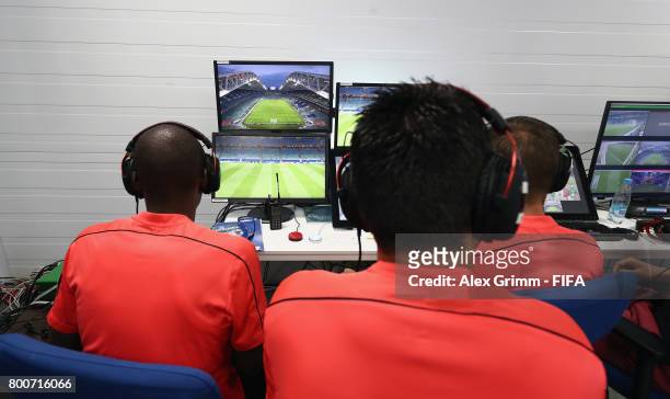 Video Assistant Referees prepare in the VAR cabin prior to the FIFA Confederations Cup Russia 2017 Group A match between Mexico and New Zealand at...
