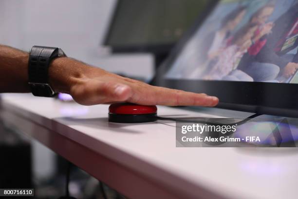 Video Assistant Referees prepare in the VAR cabin prior to the FIFA Confederations Cup Russia 2017 Group A match between Mexico and New Zealand at...