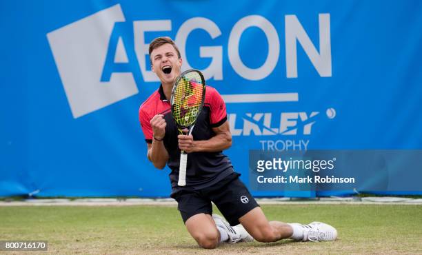 Marton Fucsovics of Hungary celebrates winning the men's singles final on June 25, 2017 in Ilkley, England.