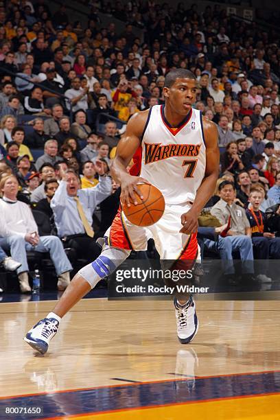 Kelenna Azubuike of the Golden State Warriors moves the ball during the game against the Atlanta Hawks at The Oracle Arena in Oakland on October 15,...