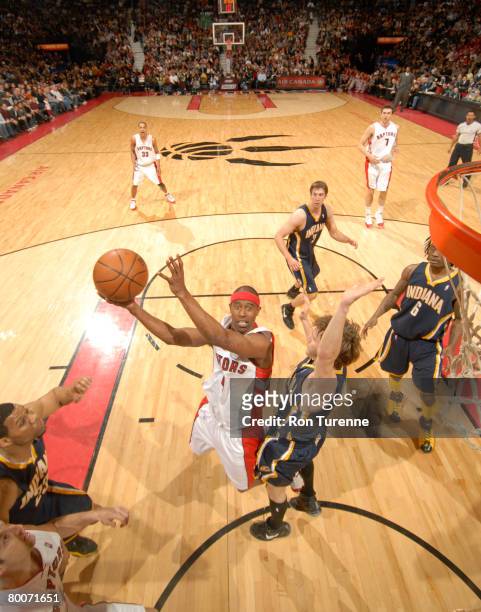 Ford of the Toronto Raptors drives against Travis Diener of the Indiana Pacers at the Air Canada Centre February 29, 2008 in Toronto, Canada. NOTE TO...