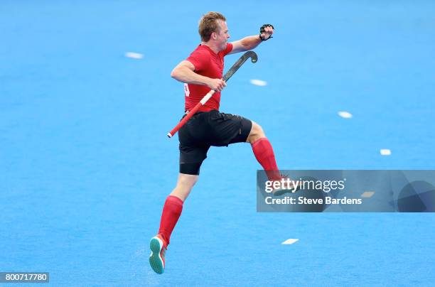 Gordan Johnston of Canada celebrates scoring their teams third goal during the 5th/6th place match between India and Canada on day nine of the Hero...