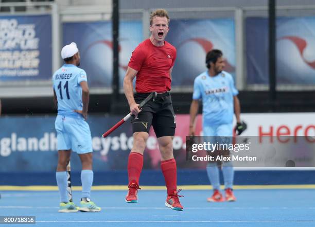 Gordan Johnston of Canada celebrates scoring their teams third goal during the 5th/6th place match between India and Canada on day nine of the Hero...