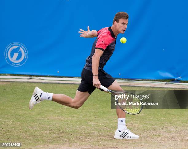 Marton Fucsovics of Hungary during the men's singles final on June 25, 2017 in Ilkley, England.