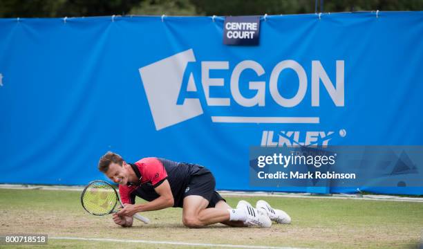 Marton Fucsovics of Hungary celebrates winning the men's singles final on June 25, 2017 in Ilkley, England.