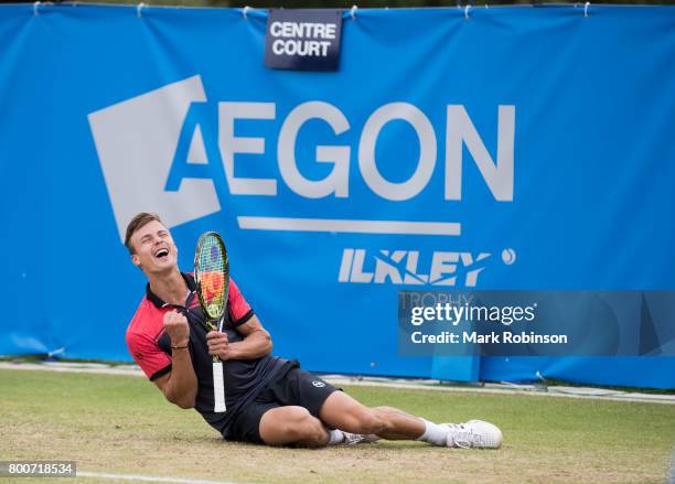 Marton Fucsovics of Hungary celebrates winning the men's singles final on June 25, 2017 in Ilkley, England.