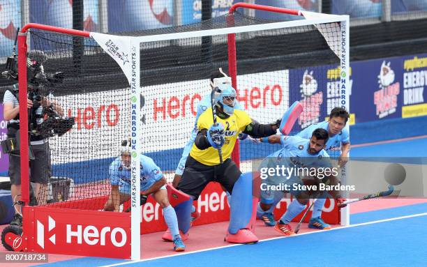 India players prepare for a penalty corner during the 5th/6th place match between India and Canada on day nine of the Hero Hockey World League...