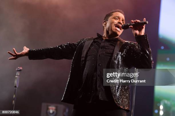 Marlon Jackson from The Jacksons performs on the West Holts Stage on day 3 of the Glastonbury Festival 2017 at Worthy Farm, Pilton on June 24, 2017...