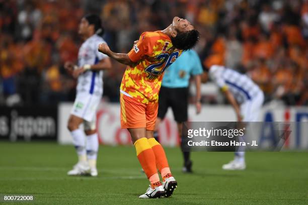 Hiroshi Futami of Shimizu S-Pulse celebrates his side's 1-0 victory at the final whistle of the J.League J1 match between Shimizu S-Pulse and...