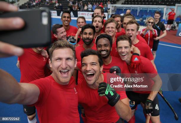 Canada players celebrate world cup qualification with a selfie after the 5th/6th place match between India and Canada on day nine of the Hero Hockey...