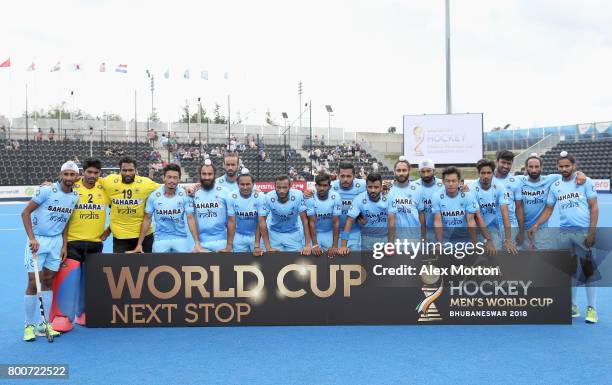 India players pose for a photograph after the 5th/6th place match between India and Canada on day nine of the Hero Hockey World League Semi-Final at...