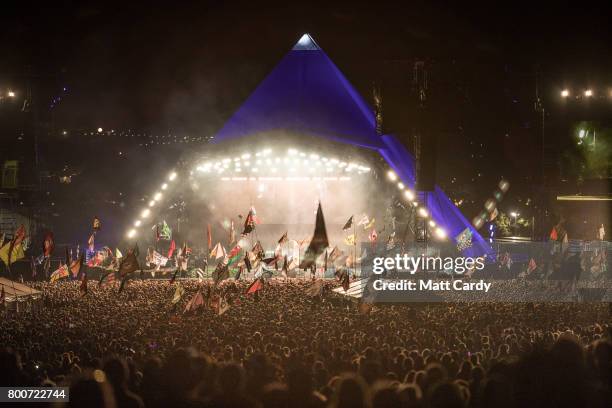 Crowds watch the Foo Fighters performance at the Glastonbury Festival site at Worthy Farm in Pilton on June 24, 2017 near Glastonbury, England....