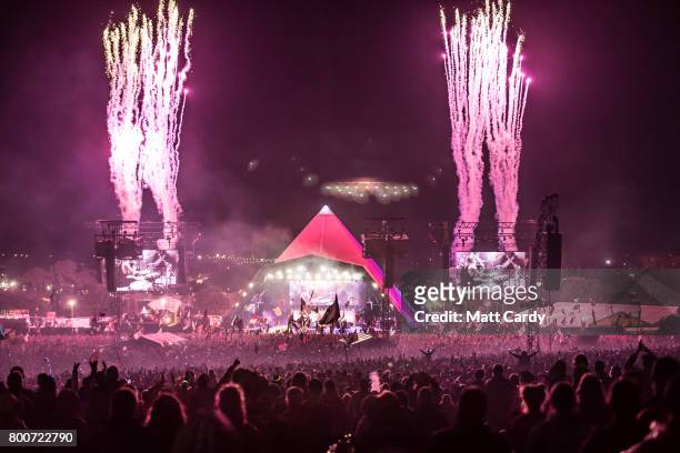 Fireworks mark the end of the Foo Fighters performance at the Glastonbury Festival site at Worthy Farm in Pilton on June 24, 2017 near Glastonbury,...