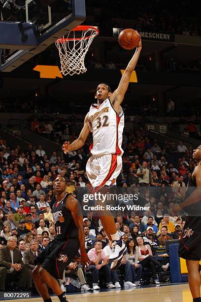 Brandan Wright of the Golden State Warriors shoots against the Philadelphia 76ers on February 29, 2008 at ORACLE Arena in Oakland, California. NOTE...