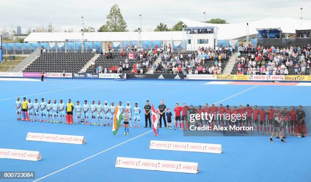 India and Canada players line up prior to the 5th/6th place match between India and Canada on day nine of the Hero Hockey World League Semi-Final at...