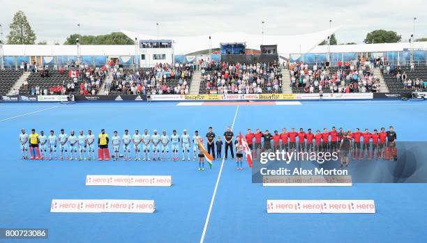 India and Canada players line up prior to the 5th/6th place match between India and Canada on day nine of the Hero Hockey World League Semi-Final at...