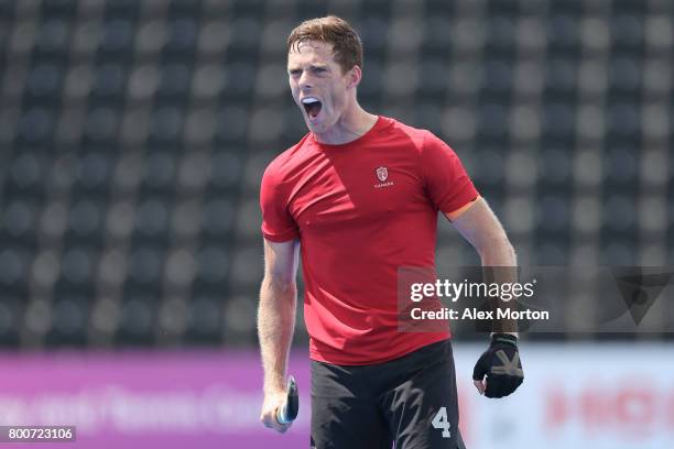 Tupper Scott of Canada celebrates after the 5th/6th place match between India and Canada on day nine of the Hero Hockey World League Semi-Final at...
