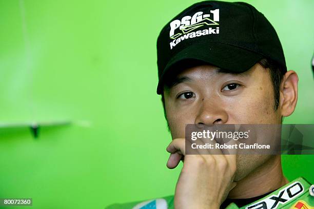 Makato Tamada of Japan and Kawasaki PSG-1 Corse prepares for the Superpole qualifying session for round two of the Superbike World Championship at...