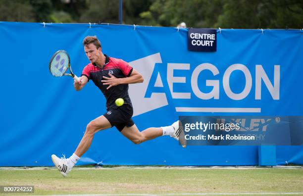 Marton Fucsovics of Hungary during the men's singles final on June 25, 2017 in Ilkley, England.