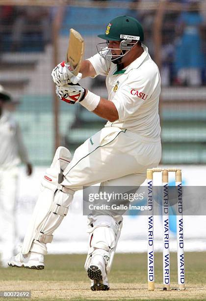 Jacques Kallis of South Africa plays a shot during day two of the second test match between Bangladesh and South Africa held at the Shrestha Shahid...