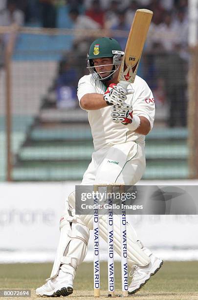 Jacques Kallis of South Africa plays a shot during day two of the second test match between Bangladesh and South Africa held at the Shrestha Shahid...