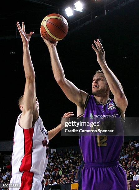 Glenn Saville of the Kings lays up the ball during game three of the NBL semi-final series between the Sydney Kings and the Perth Wildcats at the...