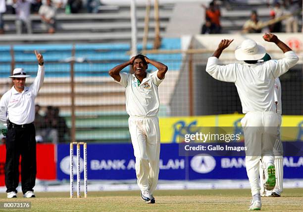 Mohammad Rafique of Bangladesh celebrates taking his 100th Test wicket during day two of the second test match between Bangladesh and South Africa...