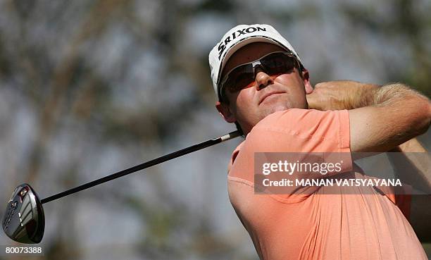 New Zealand golfer Mark Brown tees off during the third round of the Johnnie Walker Classic 2008 in Gurgaon on the outskirts of New Delhi on March 1,...