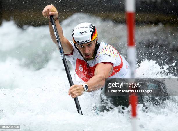 Sideris Tasiadis of Germany competes during the Canoe Single Men's Semi-final of the ICF Canoe Slalom World Cup on June 25, 2017 in Augsburg, Germany.