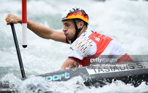 Sideris Tasiadis of Germany competes during the Canoe Single Men's Semi-final of the ICF Canoe Slalom World Cup on June 25, 2017 in Augsburg, Germany.