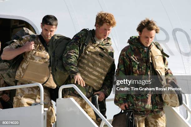 Prince Harry, army officer Cornet Wales, arrives with other soldiers by Tristar on his return to Britain at Royal Air Force RAF Brize Norton airbase...