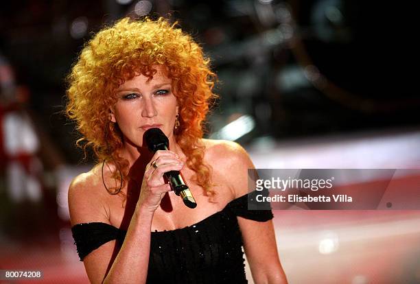 Italian singer Fiorella Mannoia performs on stage at the Teatro Ariston on February 29, 2008 in Sanremo, Italy.