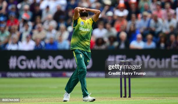 Imran Tahir of South Africa reacts during the 3rd NatWest T20 International between England and South Africa at the SWALEC Stadium on June 25, 2017...